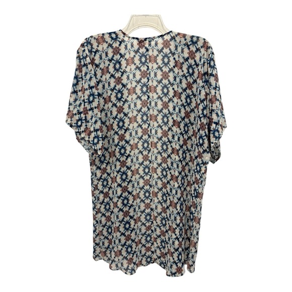Cure Top Womens Large Wrap Ivory Blue Rust Geometric Sheer Lace Trim At Shoulder - Picture 8 of 8